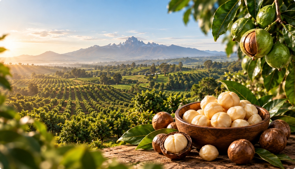 Mount Kenya volcanic highland macadamia orchards and premium freshly cracked kernels