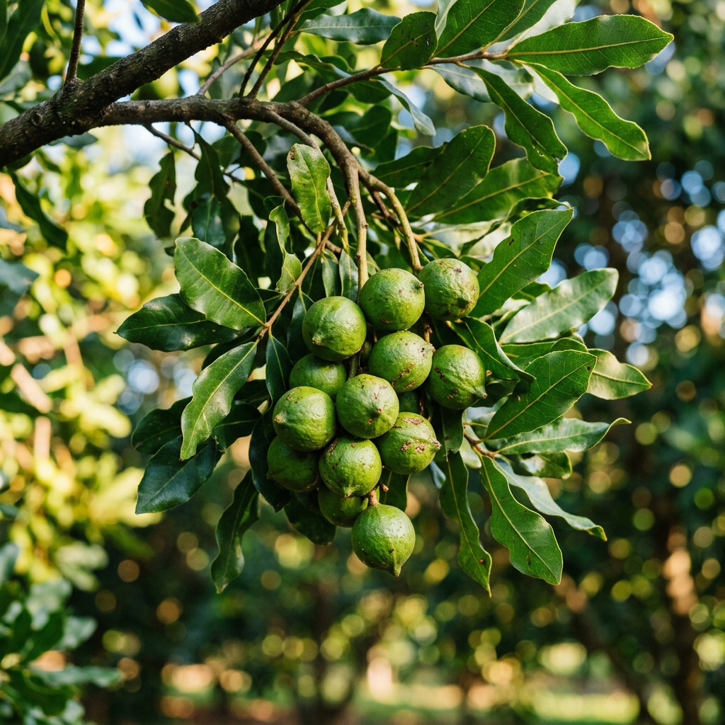 Fresh green macadamia fruit cluster
