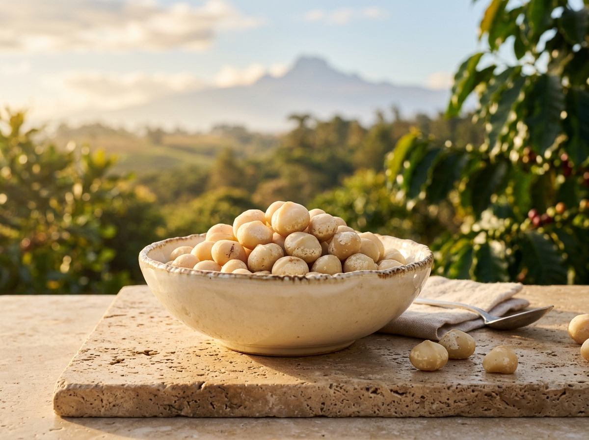 Premium Kenyan macadamia whole kernels in ceramic bowl with Mount Kenya morning orchard