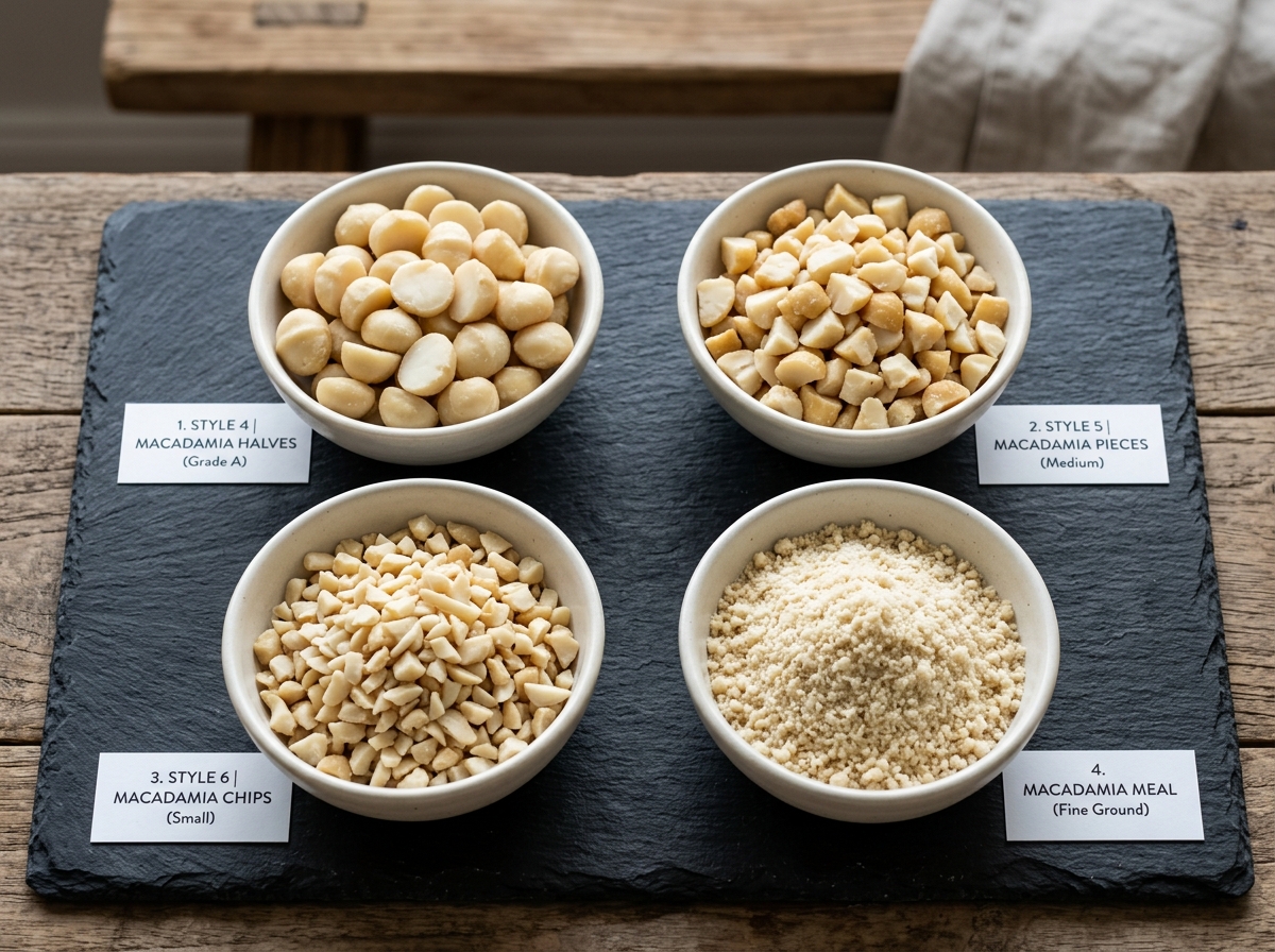 Graded macadamia halves, pieces, chips and meal for baking
