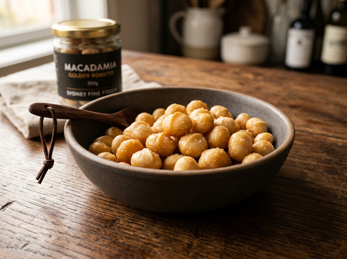Golden roasted Kenyan macadamia kernels in bowl